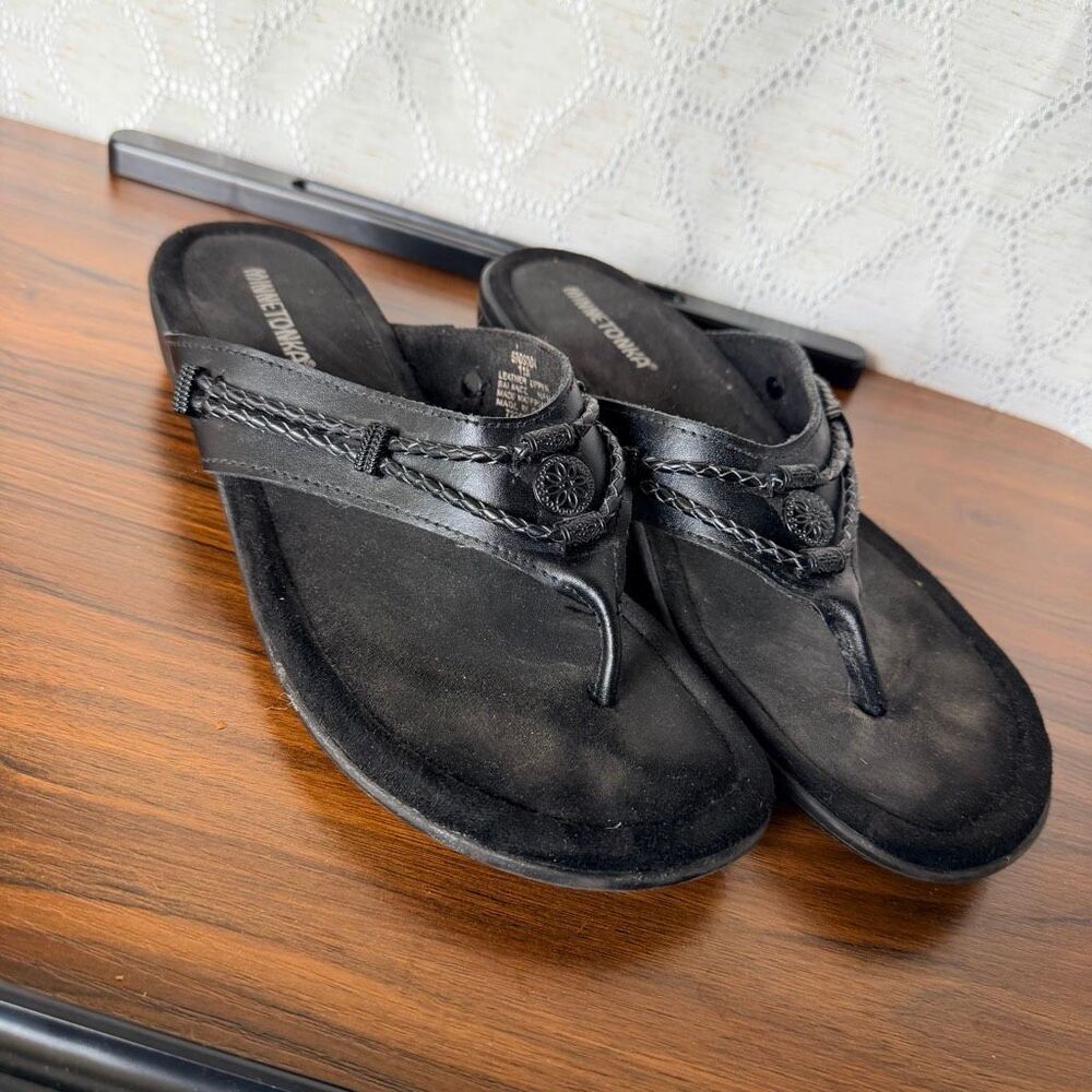 Minnetonka Silverthorne Women's 11 M Black Leather Sandals Casual Hippie Boho